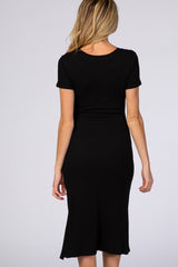 Black Fitted Short Sleeve Maternity Midi Dress