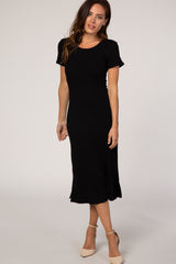 Black Fitted Short Sleeve Maternity Midi Dress