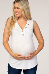 White Button Neckline Ribbed Maternity Tank