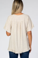 Beige Short Sleeve Fringe Ruffle Trim Maternity Blouse