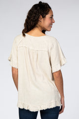 Beige Short Sleeve Fringe Ruffle Trim Blouse