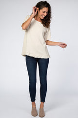 Beige Short Sleeve Fringe Ruffle Trim Blouse