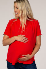 Red Solid Chiffon V-Neck Maternity Top