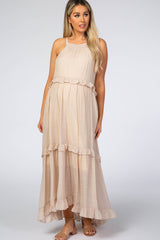 Beige Halter Neck Ruffle Trim Maternity Maxi Dress