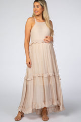 Beige Halter Neck Ruffle Trim Maternity Maxi Dress