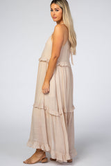 Beige Halter Neck Ruffle Trim Maternity Maxi Dress