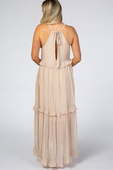 Beige Halter Neck Ruffle Trim Maternity Maxi Dress