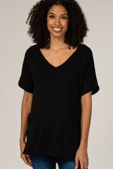 Black V-Neck Cuffed Short Sleeve Maternity Top