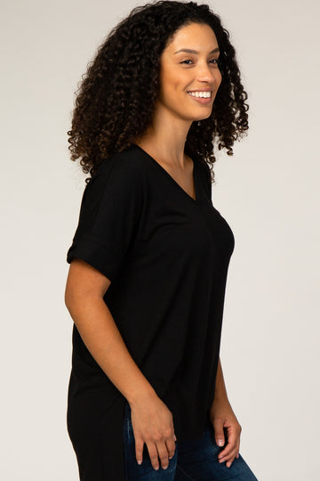 Black V-Neck Cuffed Short Sleeve Top