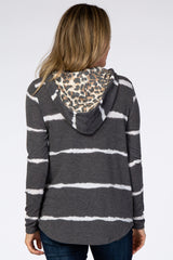 Charcoal Striped Drawstring Animal Print Hooded Top