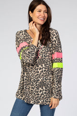 Brown Animal Print Neon Stripe Sleeve Maternity Top