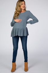 Blue Ribbed Knit Tiered Bubble Long Sleeve Maternity Top