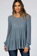 Blue Ribbed Knit Tiered Bubble Long Sleeve Top