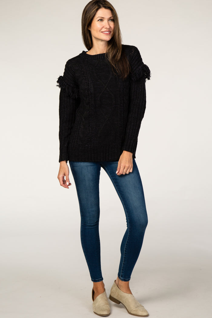 Black Cable Knit Fringe Sleeve Sweater