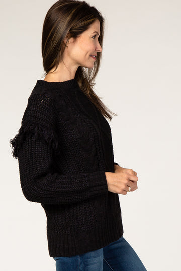 Black Cable Knit Fringe Sleeve Sweater