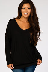 Black Textured Long Sleeve Drop Shoulder V-Neck Maternity Top