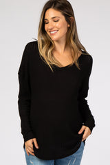 Black Textured Long Sleeve Drop Shoulder V-Neck Maternity Top