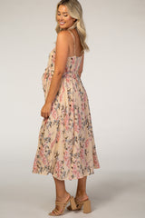 Light Pink Floral Textured Maternity Midi Dress