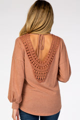 Rust Soft Brushed Crochet Open Back Maternity Top