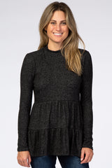 Black Soft Ribbed Tiered Mock Neck Maternity Top