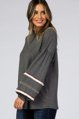 Charcoal Embroidered Fringe Bubble Long Sleeve Top