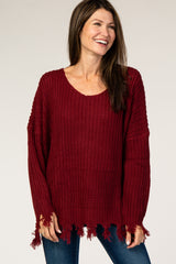 Burgundy Distressed Fringe Sweater