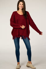 Burgundy Distressed Fringe Sweater