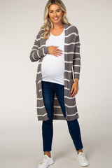Grey Knit Striped Maternity Cardigan