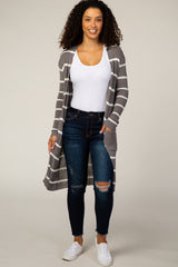 Grey Knit Striped Maternity Cardigan