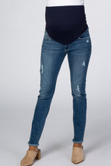 Blue Distressed Raw Hem Skinny Crop Maternity Jeans