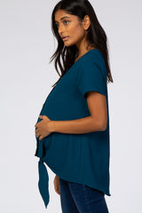 Teal Button Tie Front Maternity Top