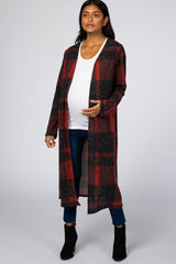 Burgundy Checkered Long Sleeve Maternity Cardigan