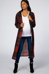 Burgundy Checkered Long Sleeve Maternity Cardigan