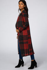 Burgundy Checkered Long Sleeve Maternity Cardigan