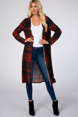 Burgundy Checkered Long Sleeve Maternity Cardigan