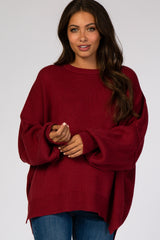 Burgundy Loose Knit Side Slit Maternity Sweater