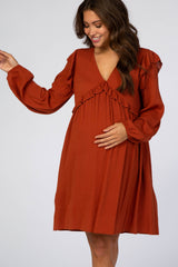 Rust Ruffle V-Neck Maternity Dress