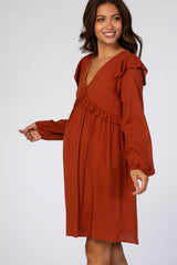 Rust Ruffle V-Neck Maternity Dress