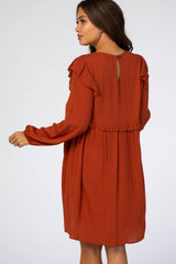 Rust Ruffle V-Neck Maternity Dress