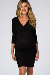 Black Brushed Knit Wrap Fitted Maternity/Nursing Dress
