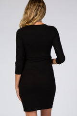 Black Brushed Knit Wrap Fitted Maternity/Nursing Dress