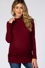 Burgundy Ribbed Long Sleeve Mock Neck Maternity Top