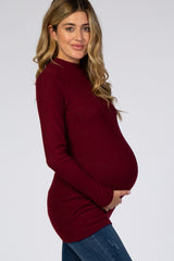 Burgundy Ribbed Long Sleeve Mock Neck Maternity Top