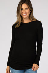 Black Soft Knit Button Shoulder Ruched Side Maternity Top