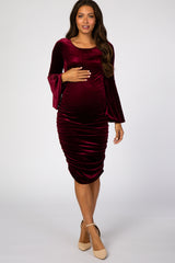 Burgundy Velvet Ruched Bell Sleeve Maternity Dress