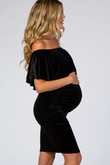 Black Velvet Off Shoulder Fitted Maternity Dress