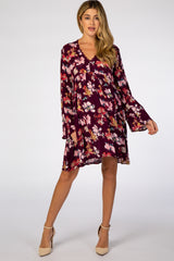 Burgundy Floral Lace V-Neck Bell Sleeve Maternity Dress