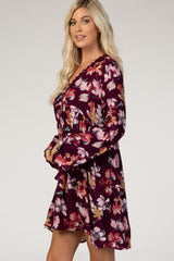 Burgundy Floral Lace V-Neck Bell Sleeve Dress