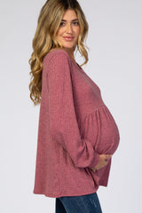 Mauve Textured Knit Babydoll Long Sleeve Maternity Top