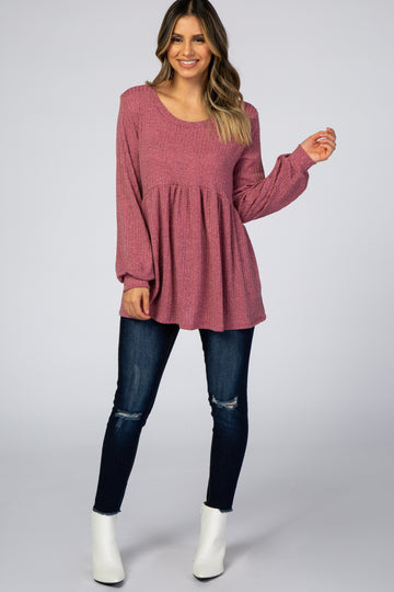 Mauve Textured Knit Babydoll Long Sleeve Top